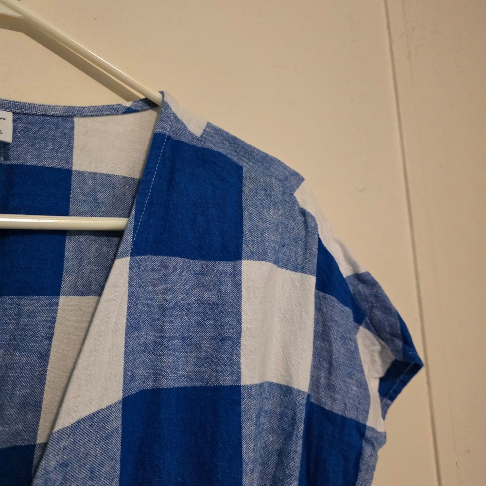 Old Navy Womens Wrap Dress Size Large Blue Gingham Linen Blend Ruffle Cottage - Picture 2 of 9